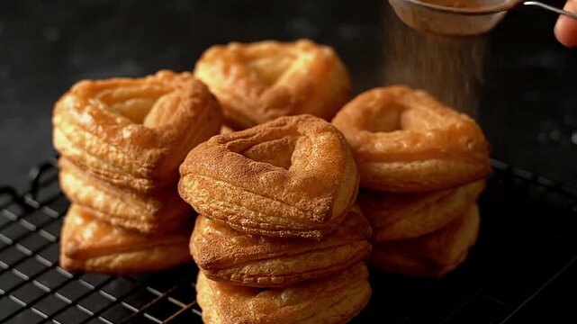Pastries are dusted with cocoa powder by a hand holding a sifter over them The pastries have a square shape with hollowed centers