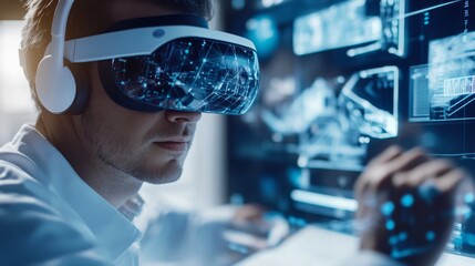 Young man engages in virtual reality experience while interacting with futuristic interface at modern workspace