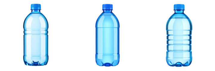 3D Plastic Style Water Bottles Collection Against Transparent Background In Vibrant Blue And Light Tones Highlighting The Clean Liquid Inside The Bottles