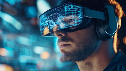 Young man experiences virtual reality technology in a high-tech environment during night hours in an urban setting