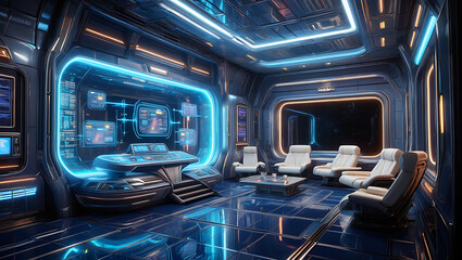 Futuristic spaceship bridge with glowing screens and comfortable seating interior technology