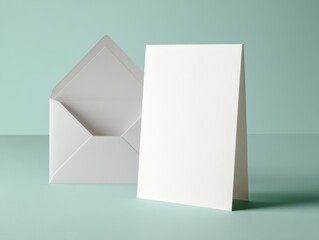 Naklejka premium Blank card and envelope on teal background. Stationery mockup for design presentation
