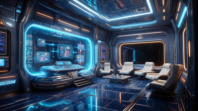 Futuristic spaceship bridge with glowing screens and comfortable seating interior technology
