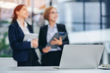 Business Women Meeting with Laptop for Strategy Planning Success Adult Professional Teamwork in Office Workplace Collaboration Discussion