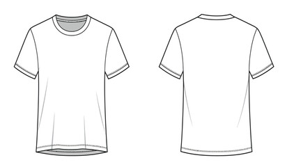 Front and back view of a blank white short sleeved t shirt fashion illustration sketch with clean lines and simple design