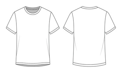 Front and back view of a blank white t shirt sketch with a simple crew neck and short sleeves on a white background