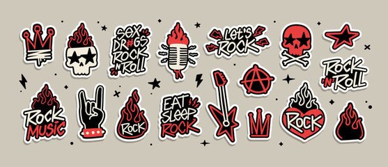 Rock Music and Punk Doodle Typography Sticker Set. Cool rock and roll doodle sticker set with creative rock quotes, punk symbols, skulls, guitars,. Perfect for music dsgn, apparel and merch