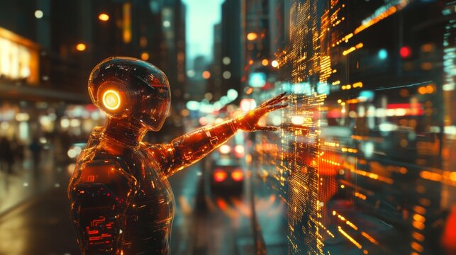 Futuristic robot interacts with glowing digital display in a busy urban setting at twilight