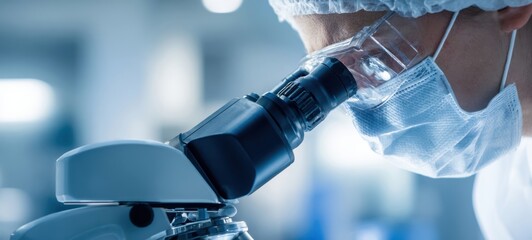 The scientist observing samples through a microscope in a modern laboratory setting.