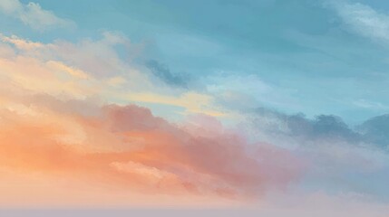 Fototapeta premium Sky Serenity: A breathtaking panorama of pastel-colored clouds fills the frame. The soft hues of the sky blend together, offering a sense of tranquility and the dreamlike quality.