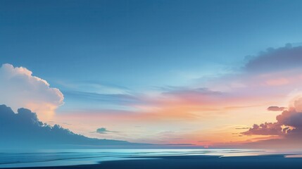 Fototapeta premium Sky Serenity: An ethereal view of a tranquil seascape at dusk. The sky is a canvas of soft colors, with clouds and sea blending into a mesmerizing composition.