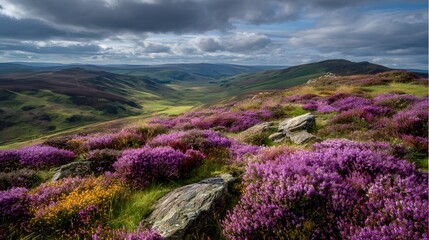 Blooming Heather on Rolling Hills Under Dramatic Sky – Scenic Highland Landscape