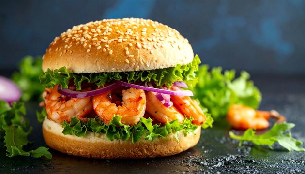 Spicy shrimp burger on a sesame seed bun with lettuce and red onion - Powered by Adobe