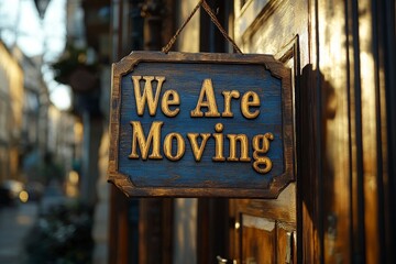 A vintage-style "We Are Moving" sign hangs prominently on a rustic wooden door, bathed in the warm, golden light of late afternoon, announcing a significant business relocation.