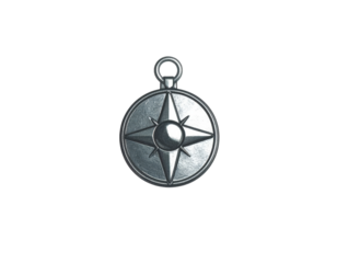 Round silver metal pendant featuring a raised eightpointed compass rose star design and a textured surface.