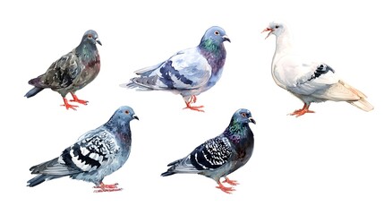 Fototapeta premium Watercolor painting. Set of pigeons on white background.