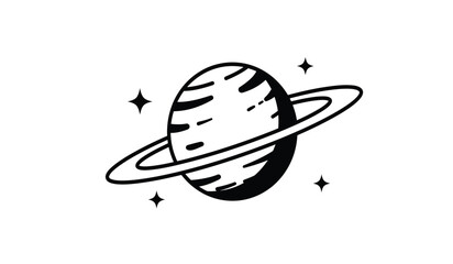 Obraz premium Whimsical hand drawn illustration of a ringed planet with stars in a simple black and white doodle style for a cosmic theme
