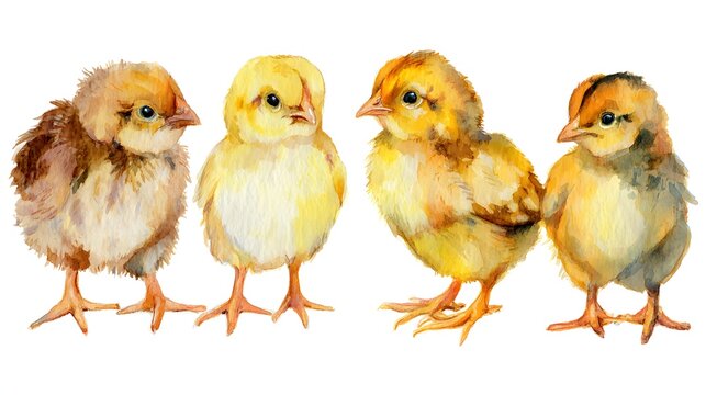 Set of fluffy poult and cracked eggs hand drawn in watercolor isolated on the white background. The symbol of spring, new life, nature's awakening and Easter celebration.