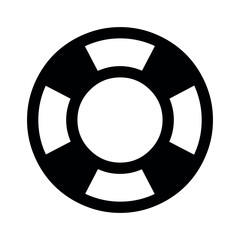 Illustration of a black and white life preserver with a circular center and blocky white sections around it