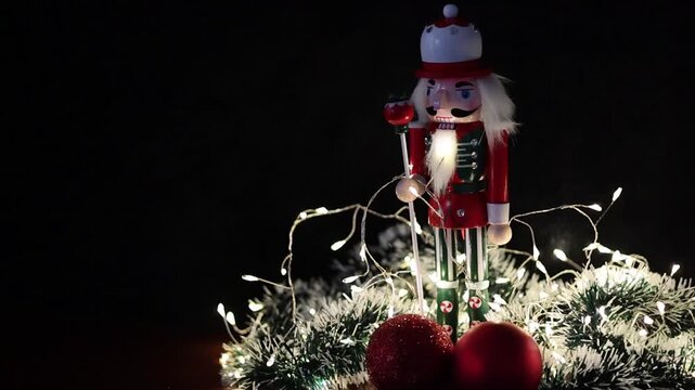 Una toma de cerca de un soldadito de juguete o cascanueces de navidad rodeado de bolas de navidad y luces de color blancas. Decoraci&oacute;n de navidad y fin de a&ntilde;o