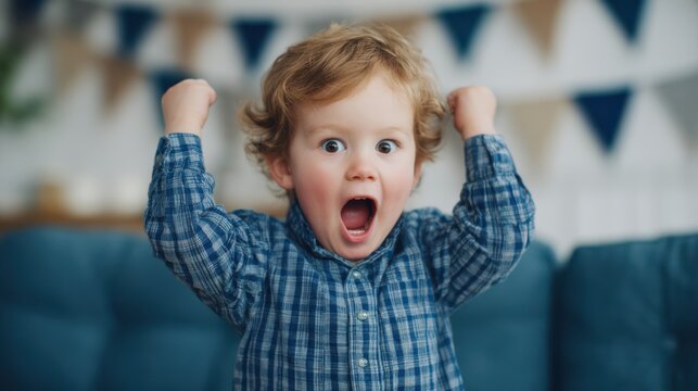 A young child joyfully celebrates an occasion with raised fists and an excited expression. The room is decorated with festive bunting, creating a warm atmosphere