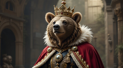 bear wearing crown and royal cape, exuding regal presence. This majestic animal embodies humorous take on royalty, blending nature with playful twist