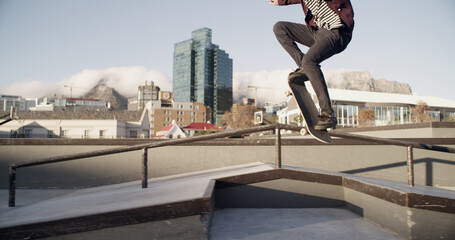 Skateboard, legs and balance on rail in city for grind stunt, performance challenge and adventure. Skater, person and talent outdoor with skating workout, hobby and practice action trick at skatepark