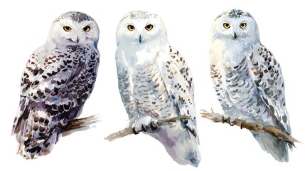 Fototapeta premium White polar owl-watercolor illustration isolated on white background. Cute cartoon stylized animal character, handmade clipart. Illustration for clothes, stickers, baby shower, greeting cards, prints