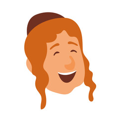 Jewish orthodox smiling man face in cartoon style. Jewish man wearing traditional hat and kippah. Jewish man celebrates Sukkot, Simchat Torah and Simchat Beis HaShoeivah