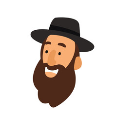 Jewish orthodox smiling man face in cartoon style. Jewish man wearing traditional hat and kippah. Jewish man celebrates Sukkot, Simchat Torah and Simchat Beis HaShoeivah