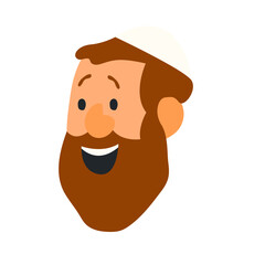 Jewish orthodox smiling man face in cartoon style. Jewish man wearing traditional hat and kippah. Jewish man celebrates Sukkot, Simchat Torah and Simchat Beis HaShoeivah