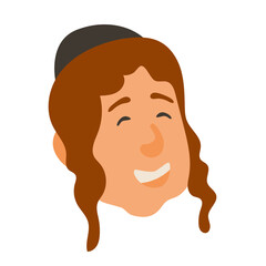 Jewish orthodox smiling man face in cartoon style. Jewish man wearing traditional hat and kippah. Jewish man celebrates Sukkot, Simchat Torah and Simchat Beis HaShoeivah