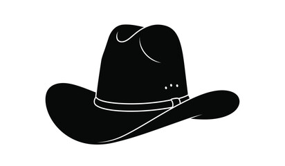 Classic black cowboy hat silhouette with a white band and buckle isolated on a white background representing western style and tradition