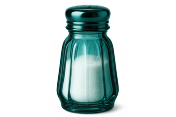 Glass salt shaker with teal hue, metallic lid, containing white salt, standing against transparent backdrop