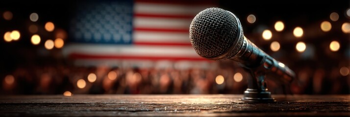 Microphone positioned on a wooden table with blurred American flag in the background during a public speaking event