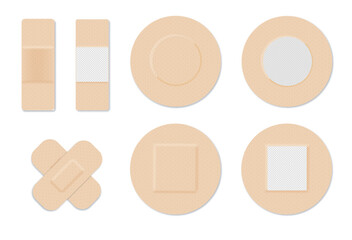 Medical plasters. Bandages set. Adhesive bandage for first aid for wounds operations and skin injuries. Protecting open wound from infection. Vector