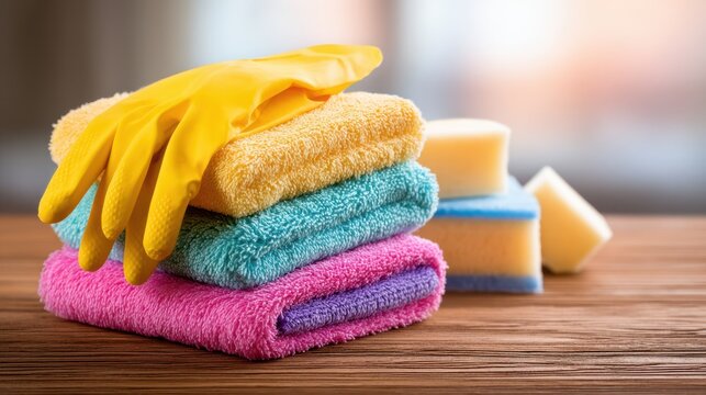 A stack of vibrant cleaning cloths sits on a wooden surface, accompanied by sponges and a pair of yellow rubber gloves, suggesting a cleaning task ahead