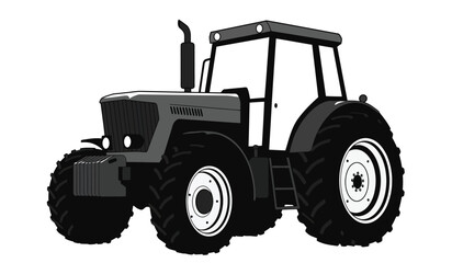 Modern agricultural tractor with large tires and enclosed cab in a simple illustration style isolated on a white background