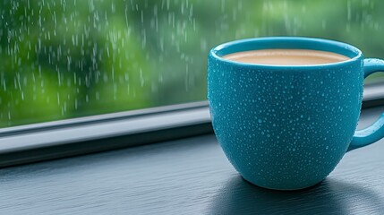 Fototapeta premium Teal Coffee Mug On Windowsill During Rainy Day