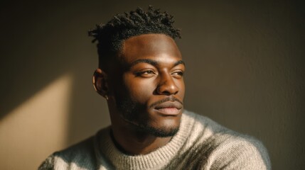 Fototapeta premium A man gazes thoughtfully into the distance, illuminated by soft natural light. He wears a light-colored sweater, creating a warm and inviting atmosphere in the room