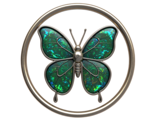 Symmetrical silver butterfly jewel with iridescent green opal wings encased within a polished circular metal frame.