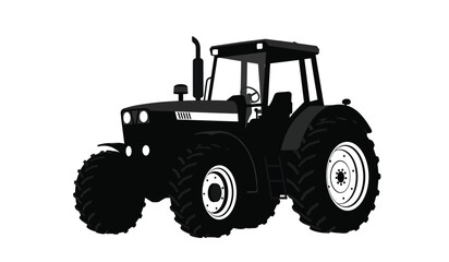Obraz premium Silhouette of a powerful black agricultural tractor with large tires and a protective cab on a white background