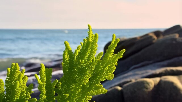 Vibrant chartreuse succulent plant growing near rocky coast with gentle ocean waves lapping shore under soft sunlight and blue sky