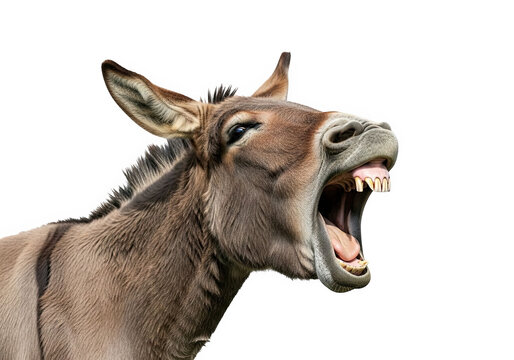 Closeup of a donkeys head with its mouth wide open, showing teeth and tongue, isolated on transparent background