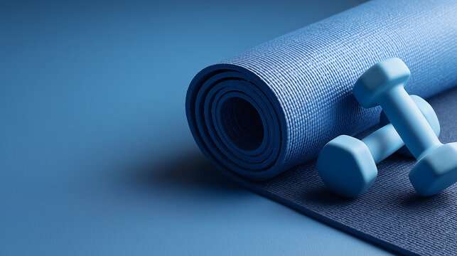 Simple and focused exercise scene with essential gear in blue tones &mdash; symbolizing strength, balance, and wellness.


