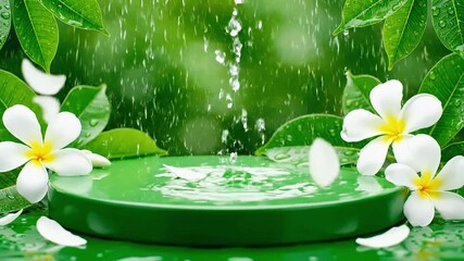 Serene tropical rain nourishes vibrant frangipani flowers on a lush green platform