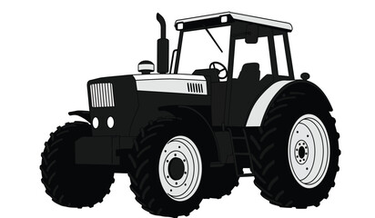 Naklejka premium A detailed black and white illustration of a powerful modern farm tractor with large tires and a cabin on a white background