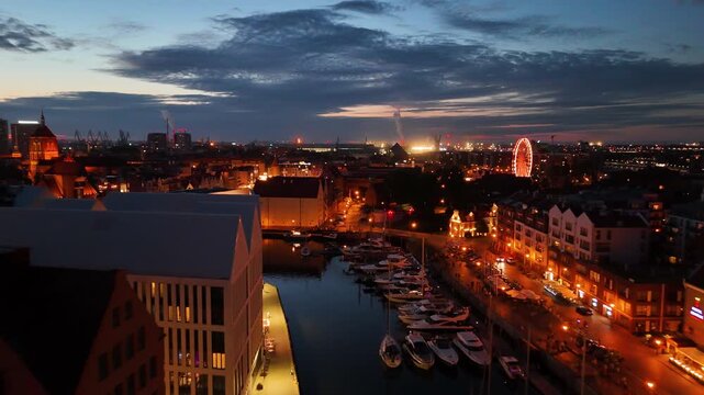Old town night evening lighting city center view from above flyover Gdansk Poland