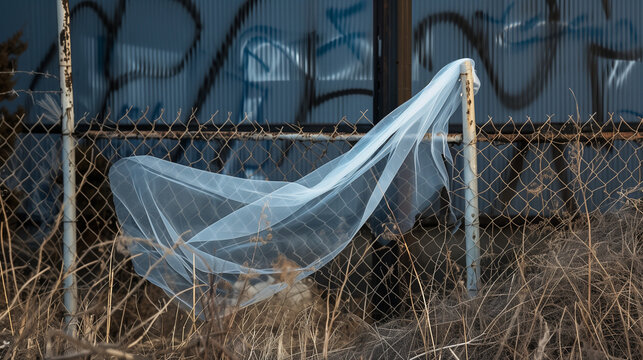 Discarded wedding veil caught on construction fence
