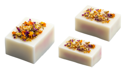 Natural soap bars with dried flowers on transparent background